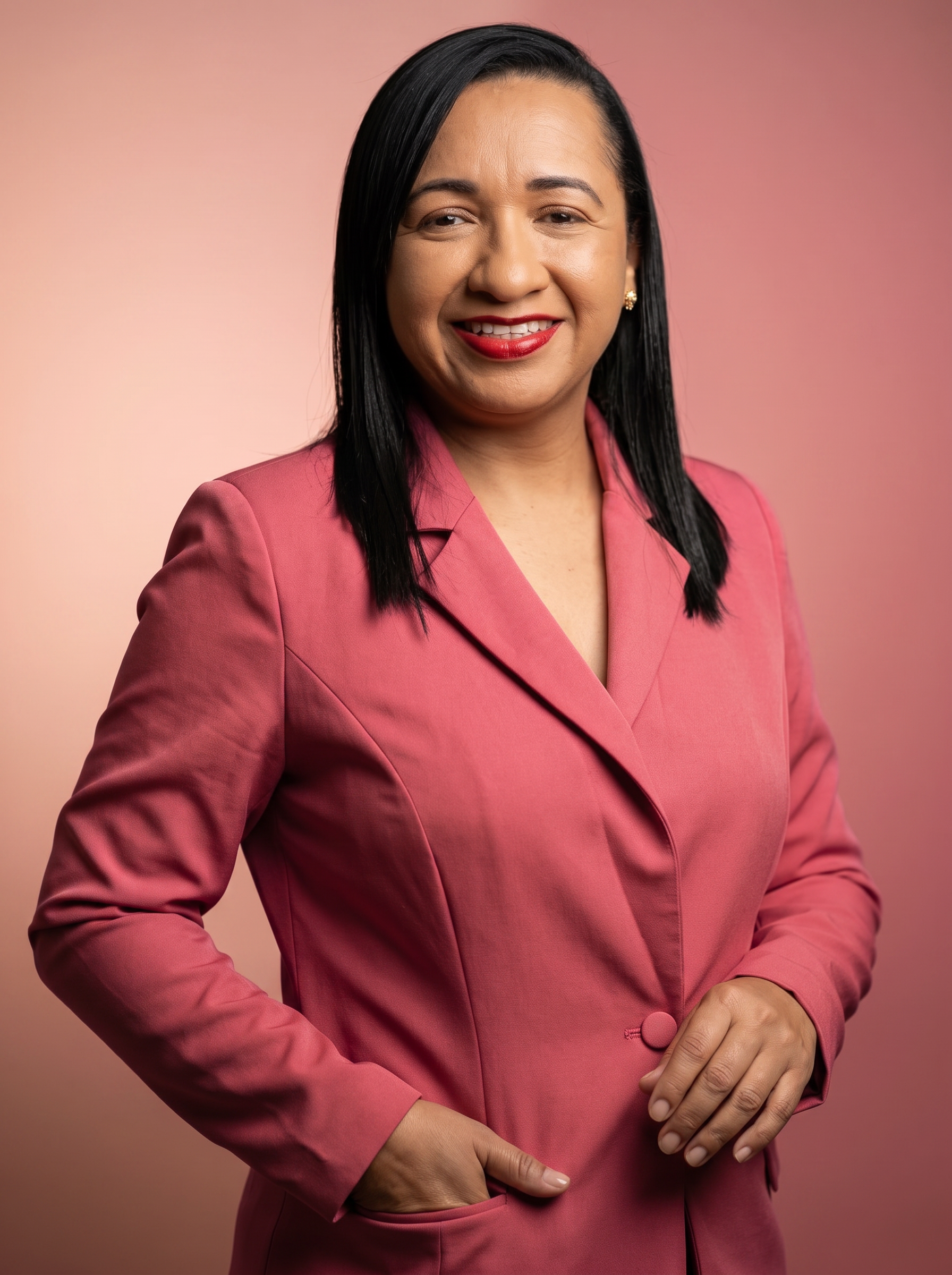 Retrato da terapeuta Jocasta Silva usando blazer rosa
